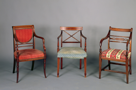 Three dining chairs: (LtoR) Sheraton style chair, late 19th century; George III chair, c.1790; Regency chair, c.1800 (mahogany)