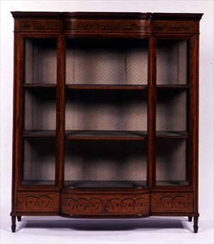Mahogany, satinwood and painted bowfronted display cabinet, c.1890