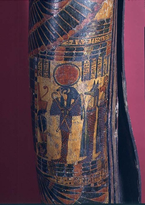 Detail of sarcophagus showing Re-Harakhty with solar disc, holding crook and flail sceptres, two sons of Horus standing behind, Third Intermediate Period, 850-730 BC (polychrome gesso) (detail of 83357)