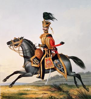 An officer of 8th Hussars (The King's R.I.), from Spooner's Upright Series of "Costume of the British Army, 1833-36" (handpainted litho)