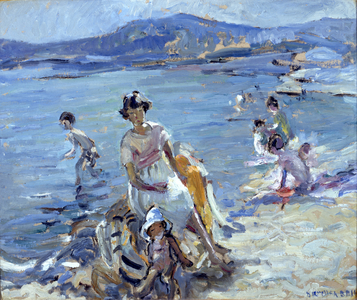 Figures bathing (oil on card)
