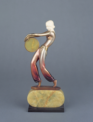 Figure of a young female dancer with a green onyx tambourine, Lorenzl (silvered bronze and ivory)