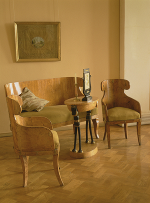 Canape, armchairs and small work table, Russian, early 19th century (Karelian birch)