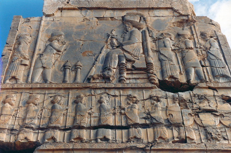 Artaxerxes I (464-24) receiving a grandee in 'Median' dress while Other Dignitaries look on, detail from the west entrance to the Hundred Column Hall (stone) (photo)