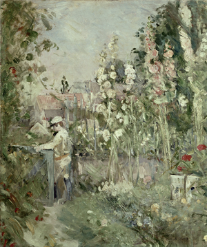 Young Boy in the Hollyhocks (oil on canvas)