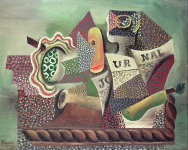 Still life of grapes, apple, glass, knife, pear and newspaper on a table, 1914 (oil on canvas)