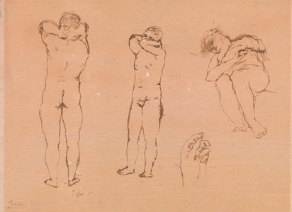 Three figures and a hand (pen and ink on paper)