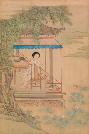 Girl Seated on Porch (ink on silk)