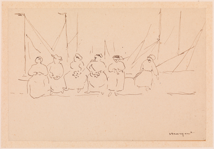 Six Women on a Wharf (pen and ink on paper)