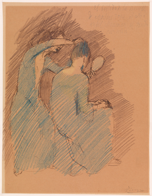 Two Women in Blue Fixing Hair (pastel on paper)