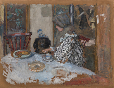 Woman with a Dog at the Table (oil on board)