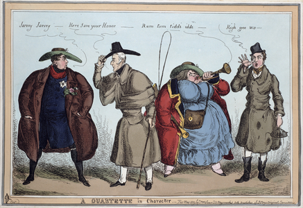 'A Quartette in Character': George IV, Wellington, Lady Conynham, Robert Peel, May 1829 (coloured engraving)