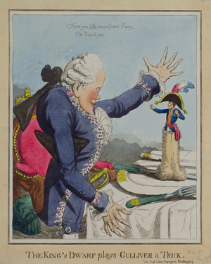 'The King's Dwarf plays Gulliver a Trick' by Williams, published 18 October 1803 (engraving)