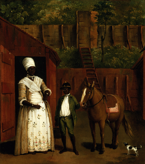 A Negro Mother and Son with a Pony outside a Stable (oil on canvas)
