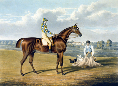 'Barefoot', Winner of the St Leger, engraved by Thomas Sutherland (1785-1838), 1823 (colour litho)