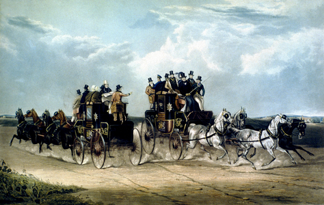 The Brighton Day Mails passing over Hockward Common, engraved by Charles Hunt, 1838 (colour litho)