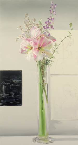 Amaryllis with Three Drawings, 1988 (acrylic on linen)
