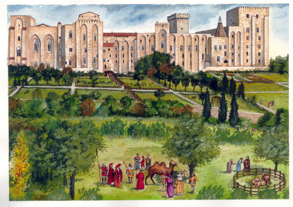 Middle Ages: view of the Popes' Palace in Avignon, when it was the residence of the Popes. In the garden, members of the curia stroll to admire exotic animals (camel, lions) 14th century.