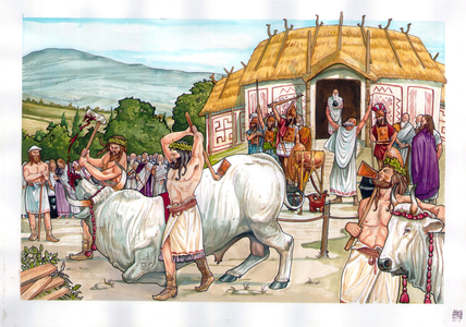 Ancient Rome: sacrifice ceremony at the temple of Jupiter on Mount Albain (Albanus mons or Monte Albano) near Rome, Italy.