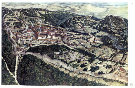 Middle Ages: view of the medieval town of Volterra, surrounded by ramparts, in the 10th century. Tuscany. Italy Illustration by Giorgio Albertini. (The use of this author's works is not subject to an application for authorization from a third party or to the payment of additional fees).