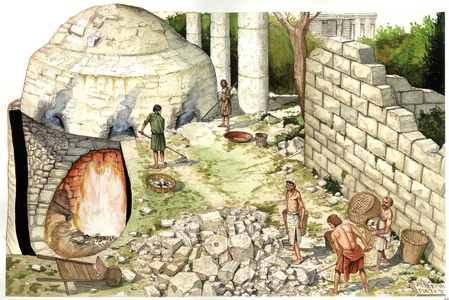 Middle Ages: reconstitution of a lime kiln (chaufour), workers work limestone. Illustration by Giorgio Albertini. (The use of this author's works is not subject to an application for authorization from a third party or to the payment of additional fees).