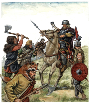 Middle Ages: scene of the Battle of Roncesvaux (Spanish Basque Country), Franc rider of the Armee of Charlemagne opposes the Moors in 778. 8th century Illustration of Giorgio Albertini.