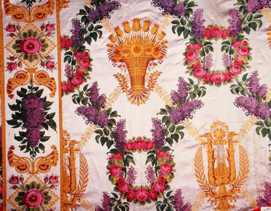 Detail of woven furnishing brocade and separate border, probably from the Palais des Tuileries, 1811-13, made by Bissardon, Cousin et Bony, 1811-13 (satin and silk)