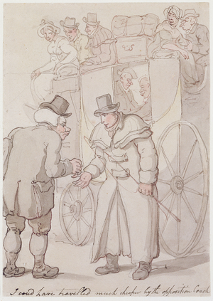 "I could have travelled much cheaper by the opposition coach" (pen & ink, w/c)