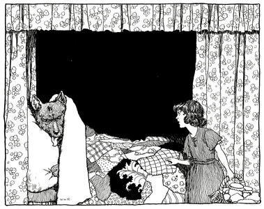 'Little Red Riding Hood Went to the Bedside', illustration from 'Old Time Stories' by Charles Perrault, pub. by Constable & Co Ltd, 1921 (pen & ink on paper)