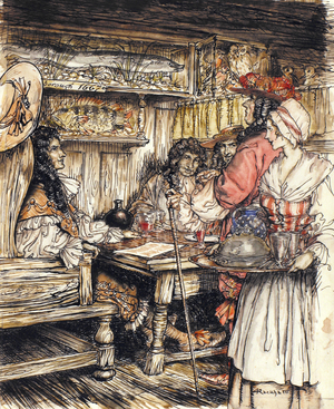 Go and see at one of the coffee houses in King Street in Westminster, illustration from 'The Compleat Angler' by Isaac Walton, 1931 (pen & ink and watercolour on paper)