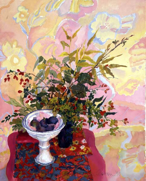 Autumn Fruit on a Pink Table, 1990 (w/c, gouache on paper)
