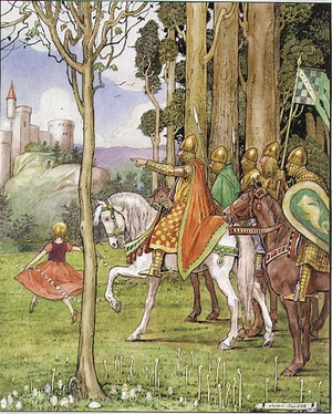 Knights in Armour Following a Girl with a Daisy Chain (pen & ink, w/c on paper)