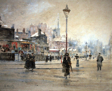 London in Winter, 1909 (w/c with bodycolour & varnish on tinted paper)