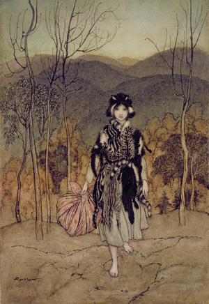 'She Went Along, and Went Along, and Went Along Catskin', illustration from 'English Fairy Tales', retold by F.A Steel, 1918 (pen and ink, w/c)