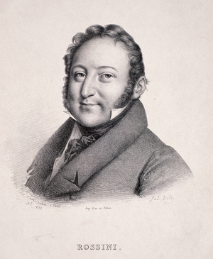 Portrait of Gioacchino Rossini (1792-1868) engraved by Villain, 1823 (engraving)