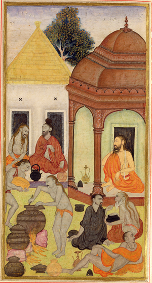 Yogis Sit by Shrines Awaiting Food that is Being Prepared in large Cooking Pots over a Fire, Raj Kunwar (vellum)