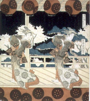 Two Dancers Perform on Stage, from The Dance at Furuichi for the Hisakataya Group series, c.1822 (ink)