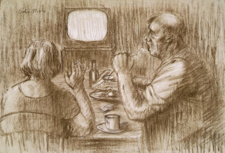 Watching TV, c.1958 (pastel)