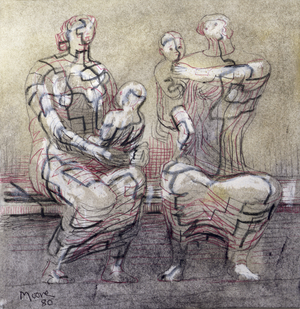Two Mother and Child ideas, 1980 (ball point, w/c, chalk, crayon on paper)