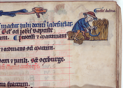 MS CCC 285 f.6 A figure reaping the fields, illustration for July, from a calendar of a psalter, English, c.1250-75 (parchment)