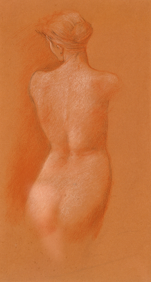 Nude female study, c.1890 (black, white & red chalk on red paper)