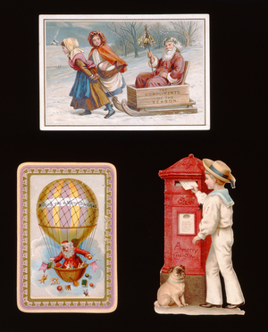 Three Victorian Christmas cards, depicting a Post Box, Father Christmas in a Balloon and Father Christmas in a Sleigh