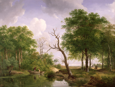 A wooded river landscape with sportsmen in a rowing boat