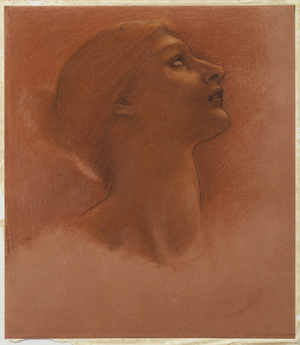 Study of the head of a girl, looking up to the right, c.1871 (black, red & orange chalk on red paper)