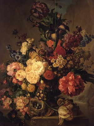 Flowers on a Ledge by a Waterfall