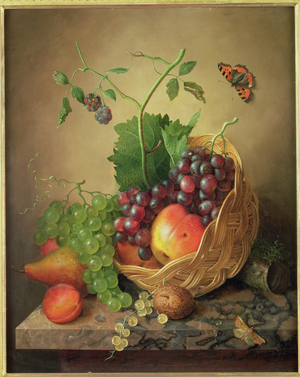 A Basket of grapes and apples on a marble ledge