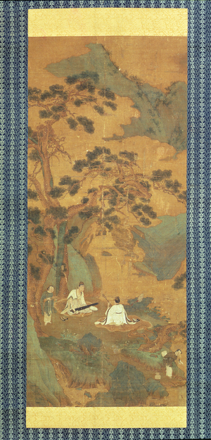 Two Scholars playing the Qin and Erhu under a Pine Tree (ink and colour on silk)