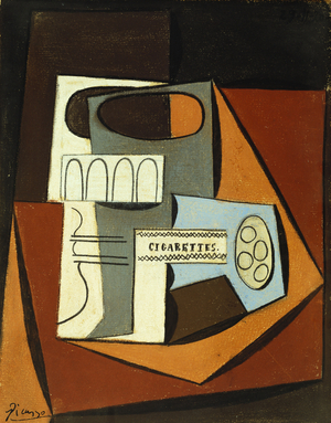 Still life with a glass and a packet of cigarettes, 1920 (gouache, pastel & pencil on paper laid down on board)