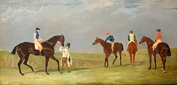 Preparing to start for the Doncaster Gold Cup, 1825, with Mr. Whitaker's "Lottery", Mr. Craven's "Longwaist", Mr.Lambton's "Cedric" and Mr. Farquharson's "Figaro"