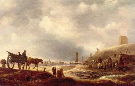Fishermen displaying their catch in the dunes, a beach beyond